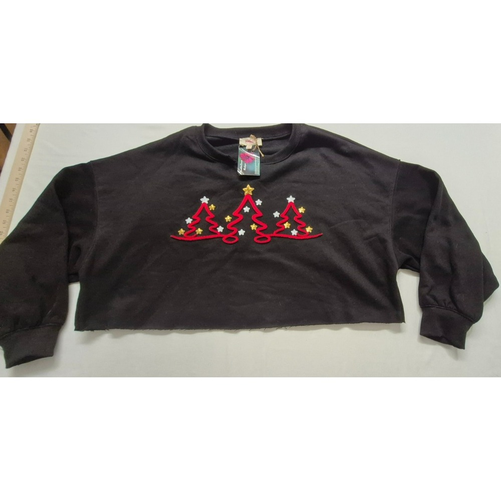 NWT Peach Love women's boutique black crop Christmas sweatshirt red trees Sm